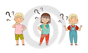 Puzzled Little Boy and Girl with Question Mark Scratching Head Wondering Vector Illustration Set