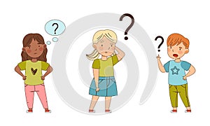 Puzzled Little Boy and Girl with Question Mark Scratching Head Wondering Vector Illustration Set