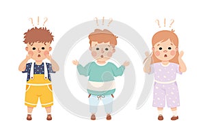 Puzzled Little Boy and Girl with Question Mark Scratching Head Wondering Vector Set