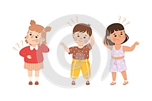 Puzzled Little Boy and Girl with Question Mark Scratching Head Wondering Vector Set