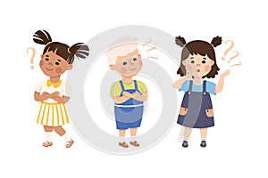 Puzzled Little Boy and Girl with Question Mark Scratching Head Wondering Vector Set