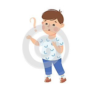 Puzzled Little Boy with Question Mark Scratching His Head Wondering Vector Illustration