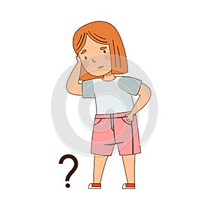 Puzzled Little Girl with Question Mark Scratching Her Head Wondering Vector Illustration