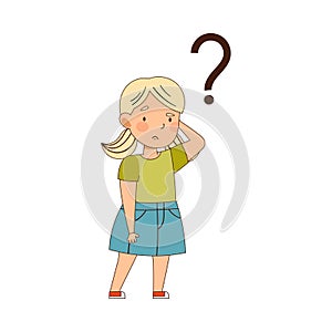 Puzzled Little Girl with Question Mark Scratching Her Head Wondering Vector Illustration