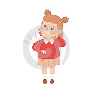 Puzzled Little Girl with Question Mark Scratching Her Head Wondering Vector Illustration