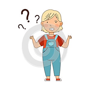Puzzled Little Girl with Question Mark Shrugging Her Shoulders Wondering Vector Illustration