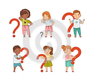 Puzzled Little Kids with Question Scratching Their Heads Wondering Vector Set