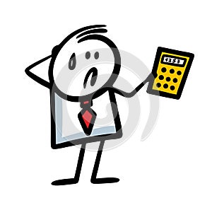 Puzzled man in a business suit looks at the numbers on the calculator in confusion.