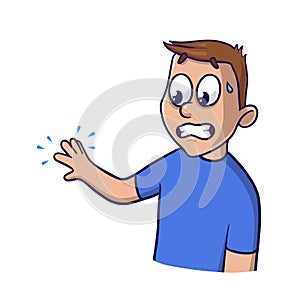 Puzzled man looks at his tingling hand with imaginary blue waves. Isolated flat illustration on a white backgroud photo