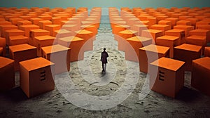 Puzzled man lost in a labyrinth of orange cubes. Solving a puzzle, making decisions. Generative AI