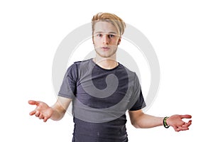 Puzzled man with widened arms