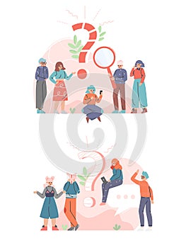 Puzzled People Character Asking Question and Searching for Answer Around Interrogation Mark Vector Illustration Set