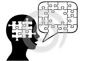 Puzzled person talk puzzle pieces speech bubble photo