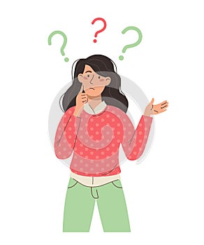 Puzzled and thinking girl with question marks. Person. Vector character on a white background.