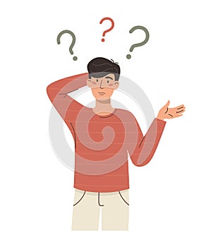 Puzzled and thinking man with question marks. Vector character on a white background.