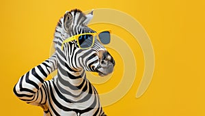 Puzzled trendy zebra in bright summer sunglasses scratching its head in thought.