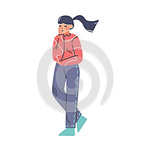 Puzzled Woman Character Holding Hand Against Cheek Asking Question Vector Illustration