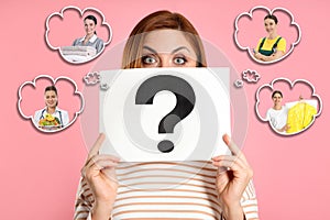 Puzzled woman with question mark sign choosing probable profession on background photo