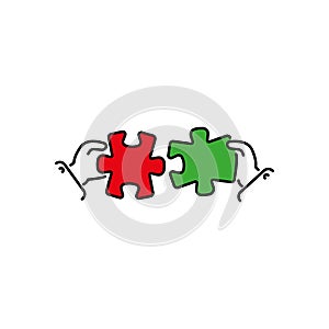 Puzzles connect in hands color vector icon, sign, symbol. Business matching concept. Connecting elements puzzle in hand