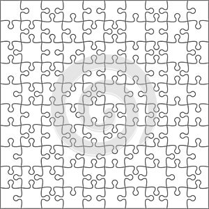 Puzzles grid template. Jigsaw puzzle 100 pieces, thinking game and 10x10 jigsaws detail frame design. Business assemble metaphor