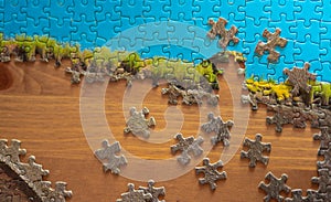 Puzzles scattered on a wooden table top