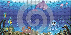 Puzzles. Seabed with dolphin, jellyfish, seahorses, crab. Cartoon. 162 pcs.