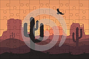 Puzzles template with rectangle grid and desert landscape, cactuse and mountains. Jigsaw puzzle 9x6 size with 54 pieces