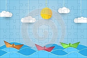 Puzzles template with rectangle grid and origami sailing boats. Jigsaw puzzle 9x6 size with 54 pieces with ocean illustration.