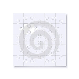 Puzzles template with square grid and shadow. Jigsaw puzzle with missing piece, jigsaws detail frame for business presentation.