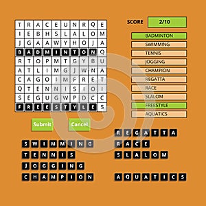 Puzzling words game user interface. Vector UI