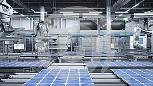 PV cells produced in eco friendly facility with assembly lines, 3d animation