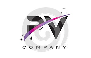PV P V Black Letter Logo Design with Purple Magenta Swoosh