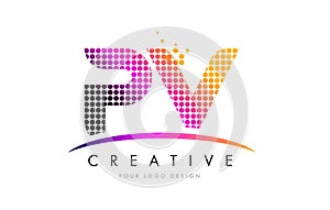 PV P V Letter Logo Design with Magenta Dots and Swoosh