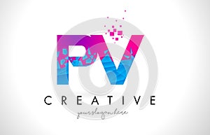 PV P V Letter Logo with Shattered Broken Blue Pink Texture Design Vector.