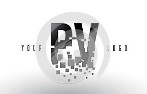 PV P V Pixel Letter Logo with Digital Shattered Black Squares