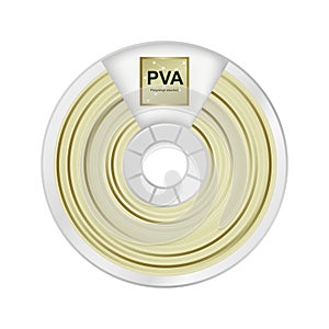 Pva soluble filament for 3D printing wounded on the spool with a name PVA. Plastic material for printing support Polyvinyl alcohol