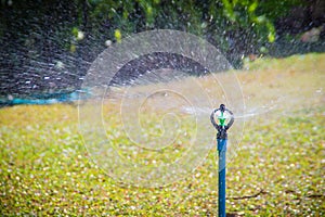 PVC automatic garden lawn sprinkler on a sunny summer day during watering the green grass field. Lawn sprinkler made of PVC spayin