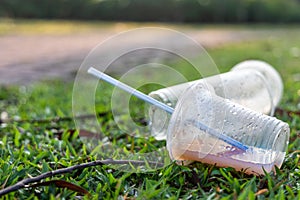 PVC cups litter on public park pose danger to environment