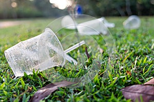 PVC cups litter on public park pose danger to environment photo