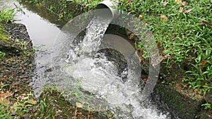 PVC grey pipe gushing out freshwater into the sidewalk drainage.