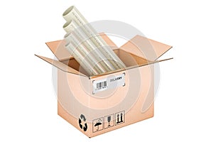 PVC pipes, composite pipe, uPVC pipe, cPVC pipe inside cardboard box, delivery concept. 3D rendering