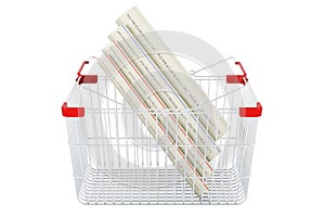 PVC pipes, composite pipe, uPVC pipe, cPVC pipe inside shopping basket, 3D rendering