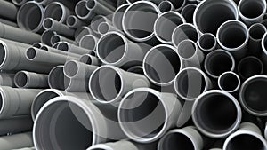 PVC plastic pipes and tubes for sewage systems in warehouse. 3d animation