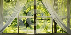 Pvc window with mosquito nets against background of the yard with green trees on summer day -, concept of Translucent