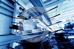 PVC window profile cut. Colored background. Details industrial equipment.