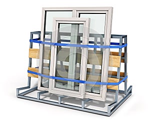 PVC windows are fixed to a pyramid structure and are ready to delivery, windows delivery, windows production concept.