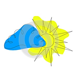 PVector image of the icon of the blue cloud and the yellow sun with the rays one line art, single line art isolated on the whirint