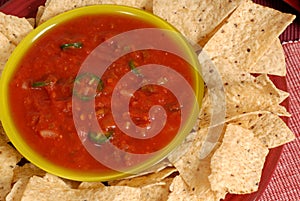 Pverhead view of a bowl of salsa with tortilla chips