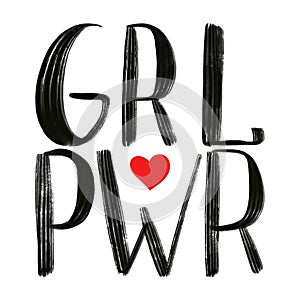 PWR GRL. Power girl. Black vector phrase with red heart