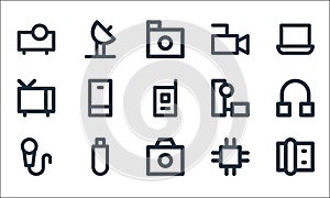 px devices line icons. linear set. quality vector line set such as telephone, camera, microphone, cpu, flashdrive, television,